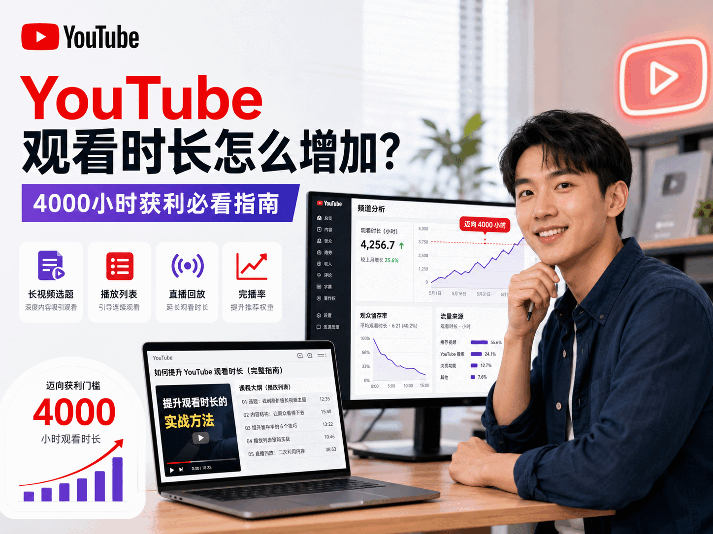 YouTube观看时长怎么增加？4000小时获利必看指南