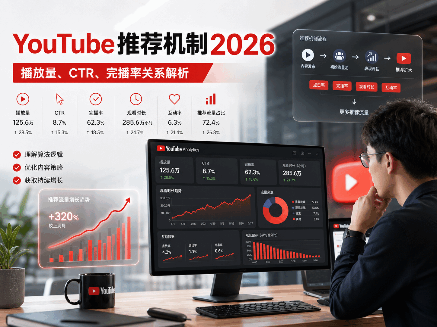 YouTube推荐机制2026：播放量、完播率和点击率关系